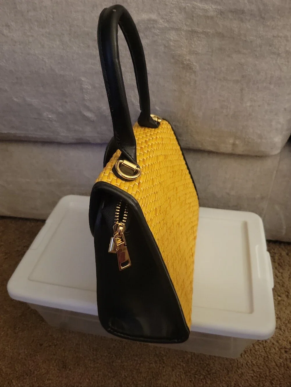 Straw Woven Top Handle Satchel Crossbody Purse Black & Tan